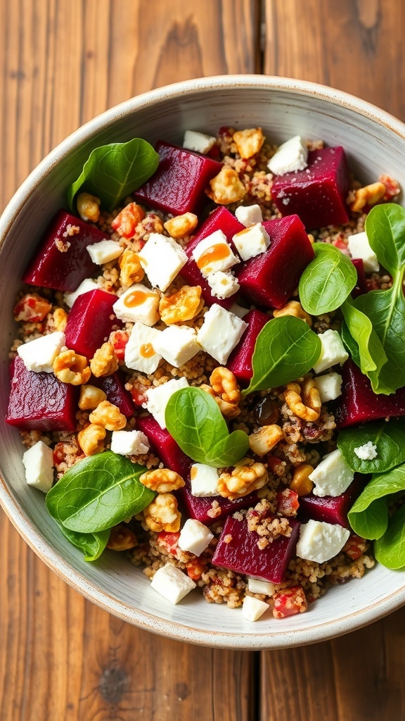 A vibrant quinoa salad with roasted beetroot, greens, feta cheese, and walnuts in a bowl on a wooden table.